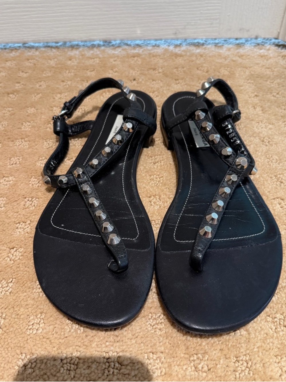 Balenciaga Arena black leather studded sandals with ankle strap